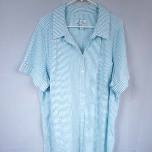 Denim Co Plus Size 1X Womens Blue White Strip Night Gown Button Up Short Sleeve